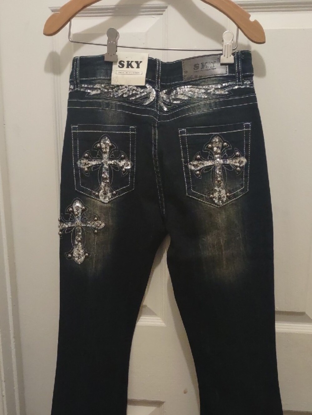 Sky Black Flare Jeans with Silver Cross Embellishments Size 5 New - Picture 2 of 8